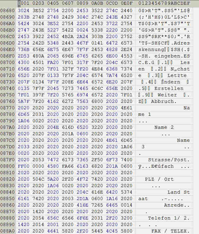 hexadezimaler Speicherauszug mit 3 Spalten:
jede Zeile enthält folgenden Eintrag:
links 6 Zeichen mit Speicheradresse,
in der Mitte 8 Blöcke mit 4 Stellen im Hexcode,
rechts 16 Zeichen in Normalschrift
