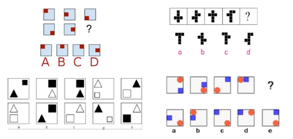 1.Aufgabe: mit 5 hellblauen Quadraten und darin ein kleines rotes Quadrat, in jedem Bild an einer andern Stelle
dann ein grosses Fragezeichen
Unten die Reihe mit möglichen Antworten:
4 blaue Quadrate und das rote Quadrat an einer andern Stelle  mit den Buchstaben A, B, C, D gekennzeichnet.
2.Aufgabe mit 5 weissen Quadraten und darin je ein kleines oder grosses Quadrat sowie ein Dreieck;
 in jedem Bild an einer andern Stelle und entweder schwarz gefüllt oder nur mit schwarzem Rand.
Unten die Reihe mit möglichen Antworten:
5 Quadrate mit dem Dreieck und Quadrat an einer andern Stelle und anders gefüllt,  dazu die Buchstaben a, b, c, d, e .
3.Aufgabe: Eine Reihe mit 5 aneinandergereihten weissen Quadraten:
in den ersten 4 sind Formen mit jeweils 6 schwarzgefüllten kleinen Quadraten vorhanden, im 5. Quadrat ein grosses Fragezeichen.
z.B. ist im ersten Feld ein auf den Kopf gestelltes Kreuz, im 3. Feld ein Kreuz mit dem Balken oben.
Die Antwortzeile hat 4 mögliche Formen aus 6 kleinen schwarzen Quadraten und unten die Buchstaben a b c und d 
die 1. Antwort wäre z.B. ein T aus den 6 schwarzen Quadraten geformt.
4.Aufgabe: mit 4 weissen Quadraten und darin ein kleines blaues Quadrat sowie ein roter grosser Punkt; in jedem Bild an einer andern Stelle.
Dann ein grosses Fragezeichen
Unten die Reihe mit möglichen Antworten:
5 weisse Quadrate und das blaue Quadrat sowie der rote Punkt an einer andern Stelle  mit den Buchstaben a, b, c, d und e  gekennzeichnet.